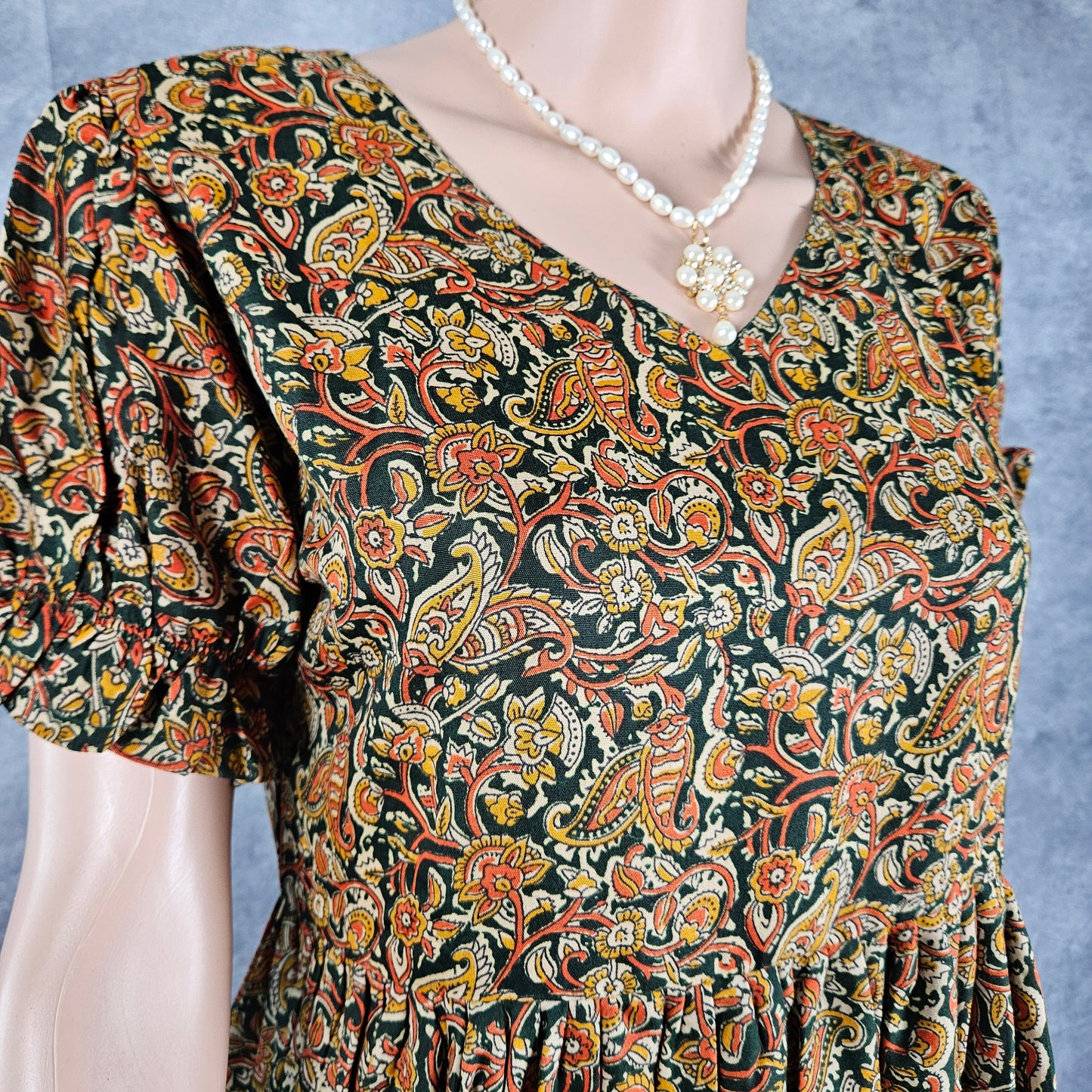 Seaweed Green-Orange Ajrakh Block Frock