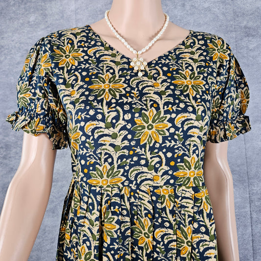 Vivid Blue - Yellow Ajrakh Frock