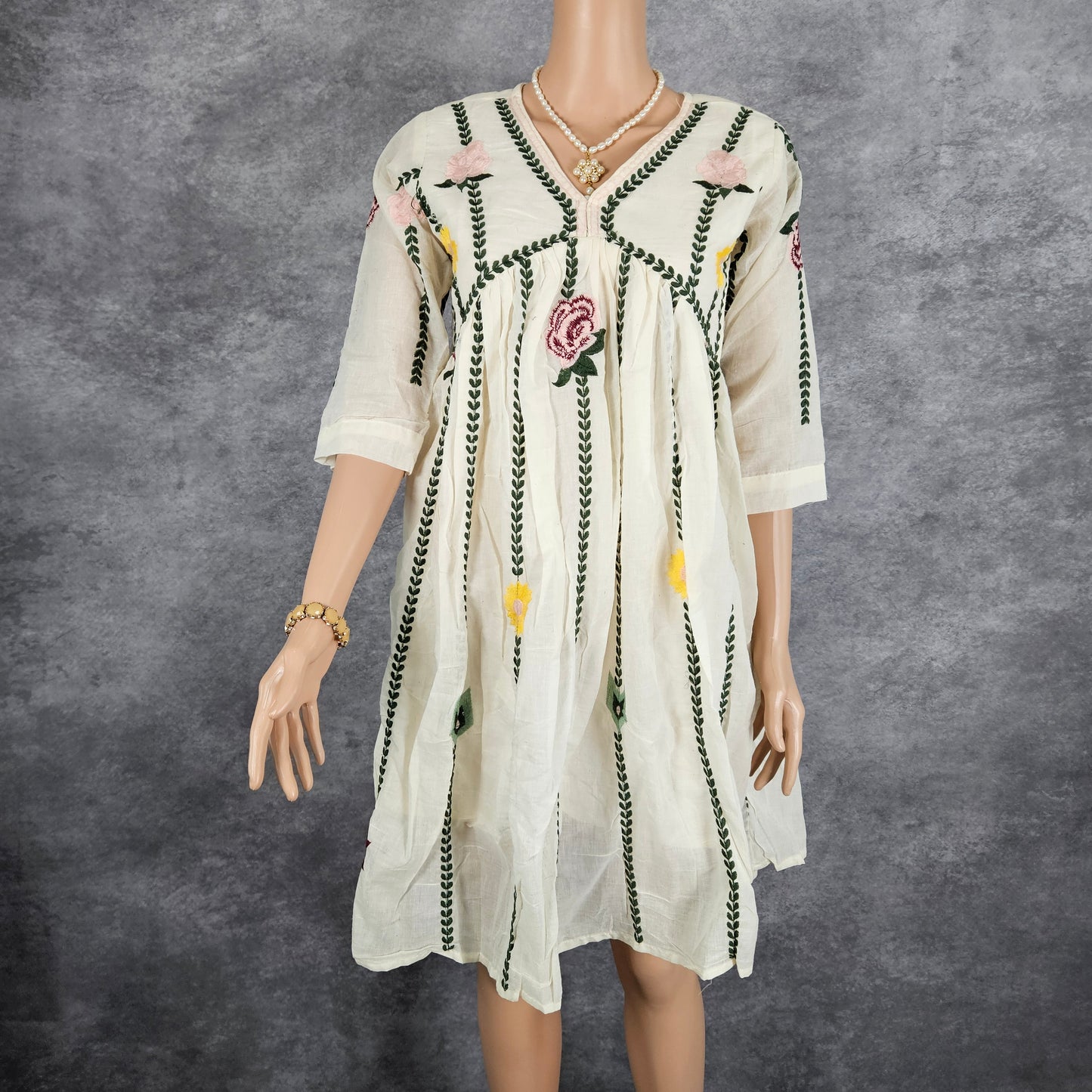 White Dove Green Embroidery Frock