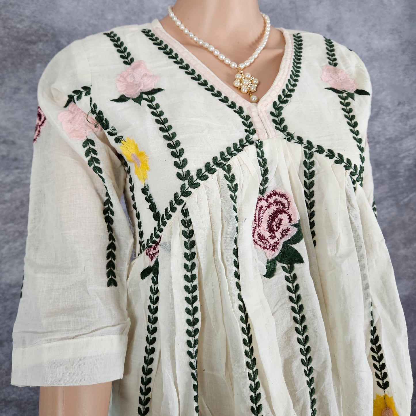 White Dove Green Embroidery Frock