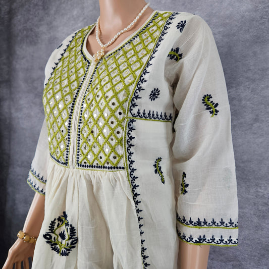 Dagger White Green Embroidery Frock