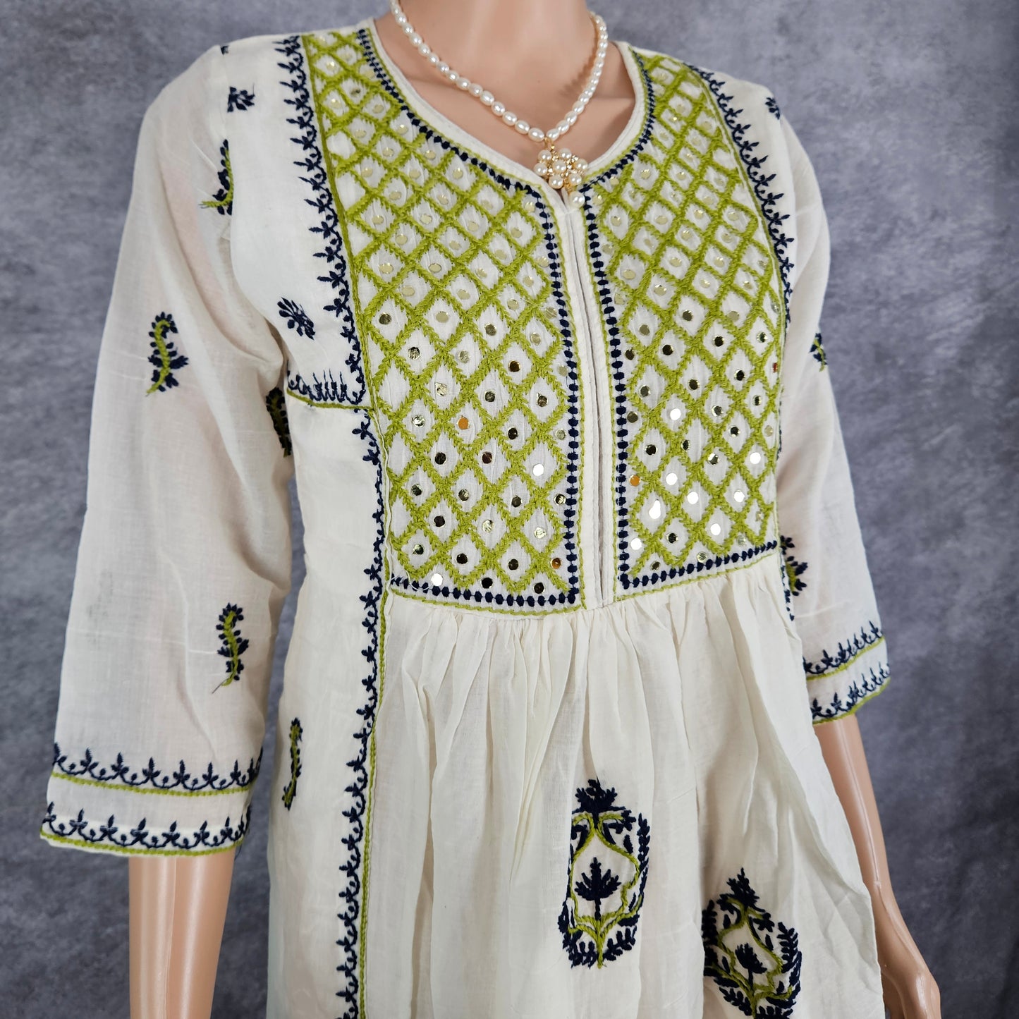 Dagger White Green Embroidery Frock