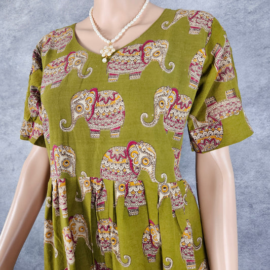 Mehendi Green Elephant Kalamkari Frock