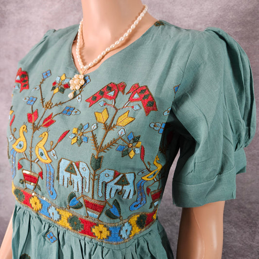 Sapphire Green Embroidery Kora Frock