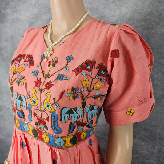 Pastel Peach Kora Embroidery Frock