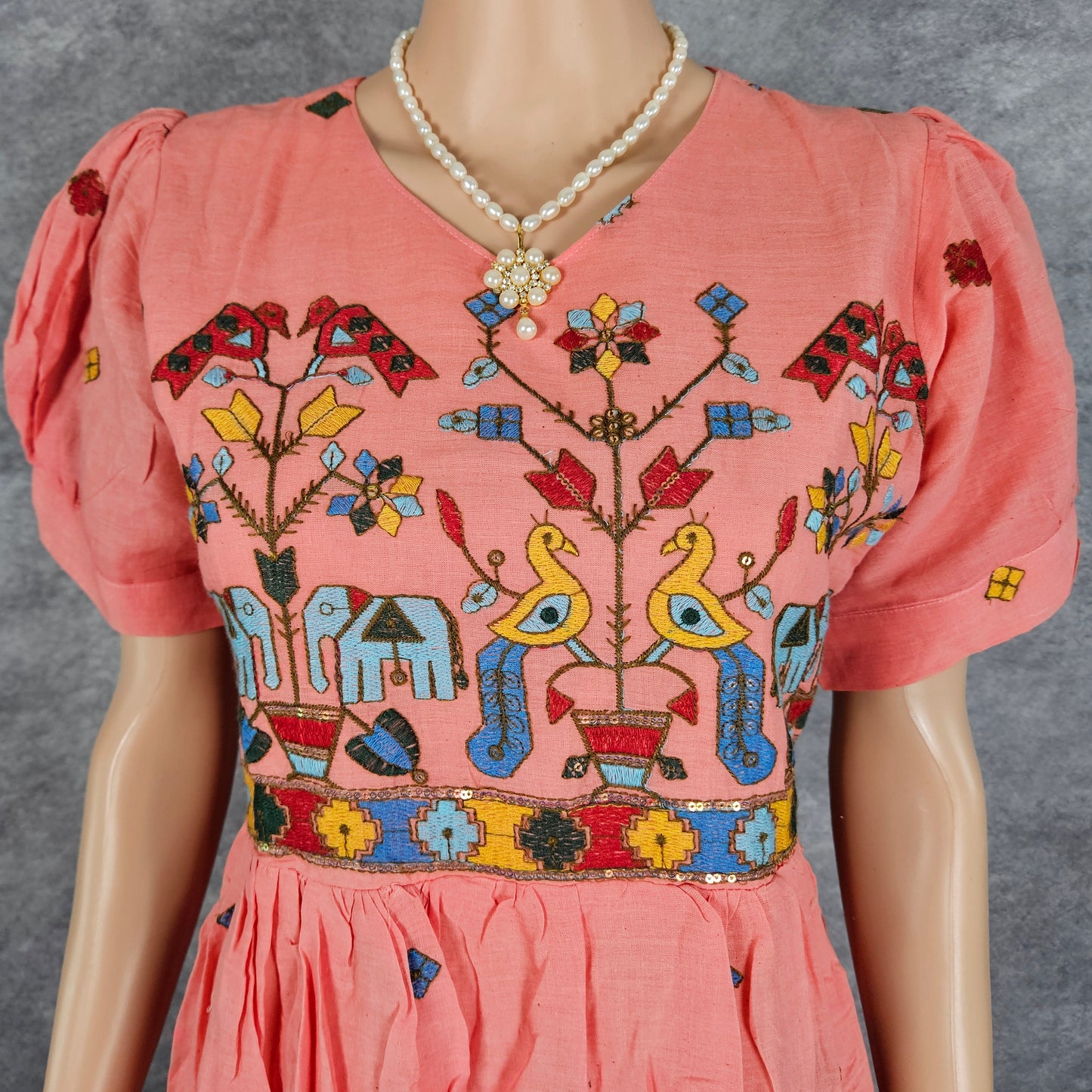 Pastel Peach Kora Embroidery Frock
