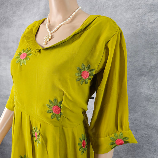 Mehendi Green Georgette Sunflower Frock
