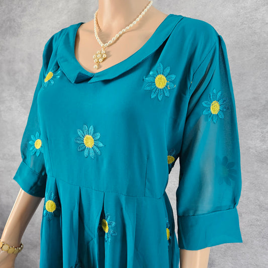 Turqouise Blue Georgette Sunflower Frock