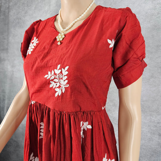 Brick Red Linen Embroidery Frock