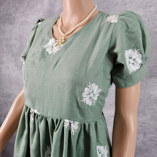 Mint Green Linen Embroidery Frock