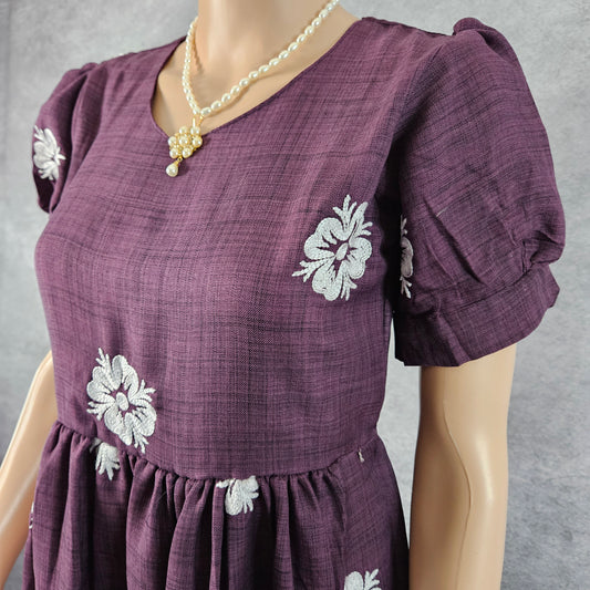 Wine Linen Embroidery Frock