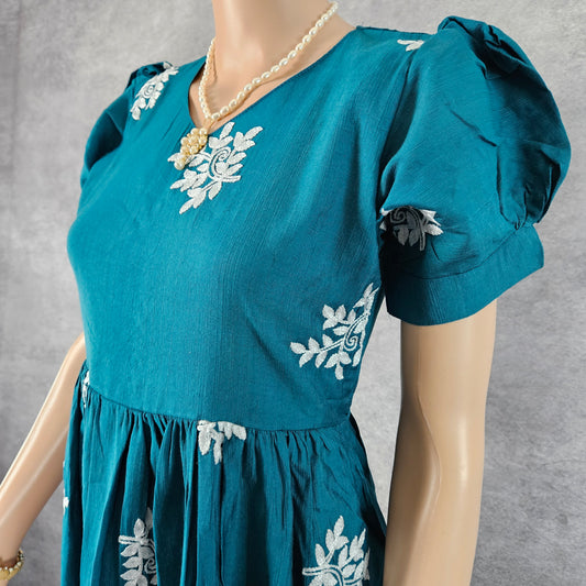 Turqouise Blue Linen Embroidery Frock