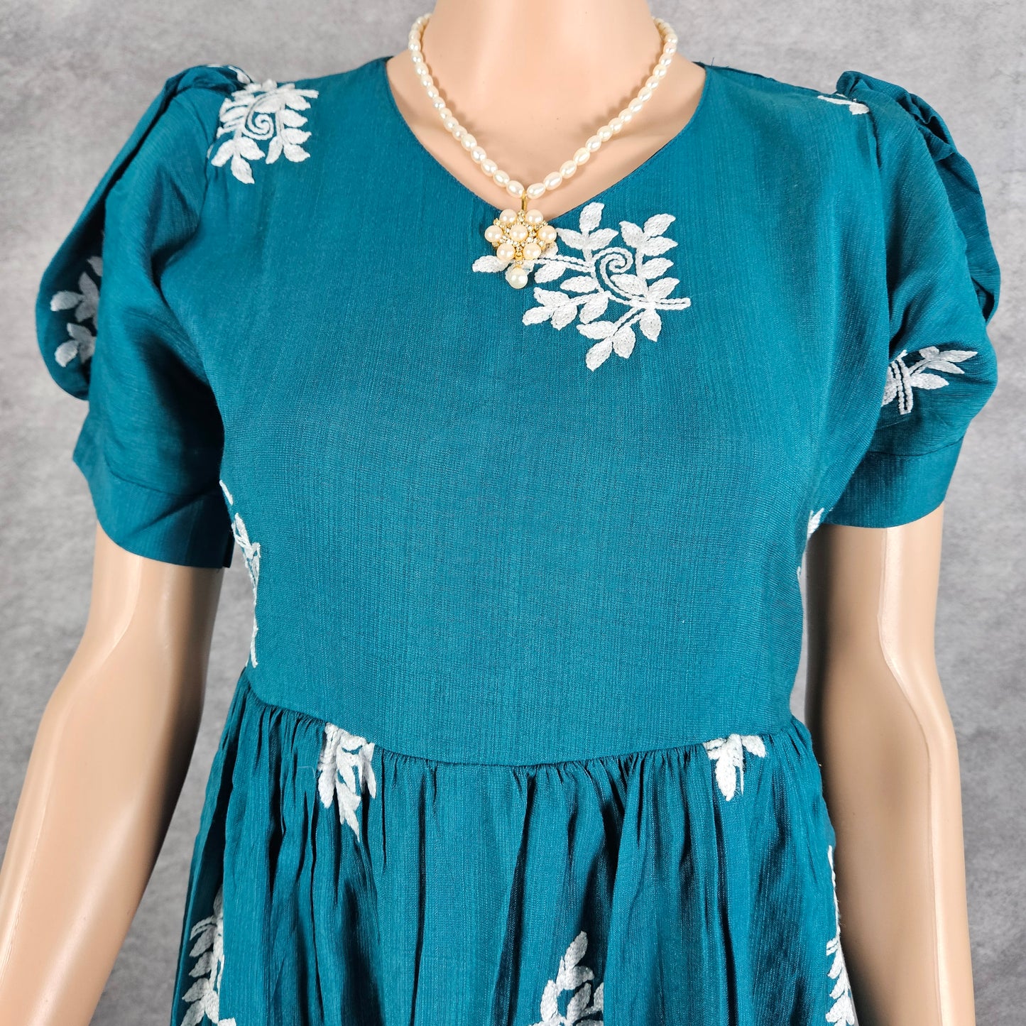 Turqouise Blue Linen Embroidery Frock