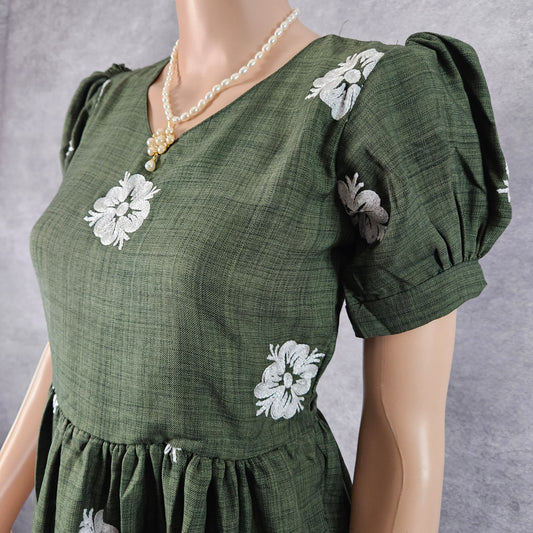 Jade Green Linen Embroidery Frock