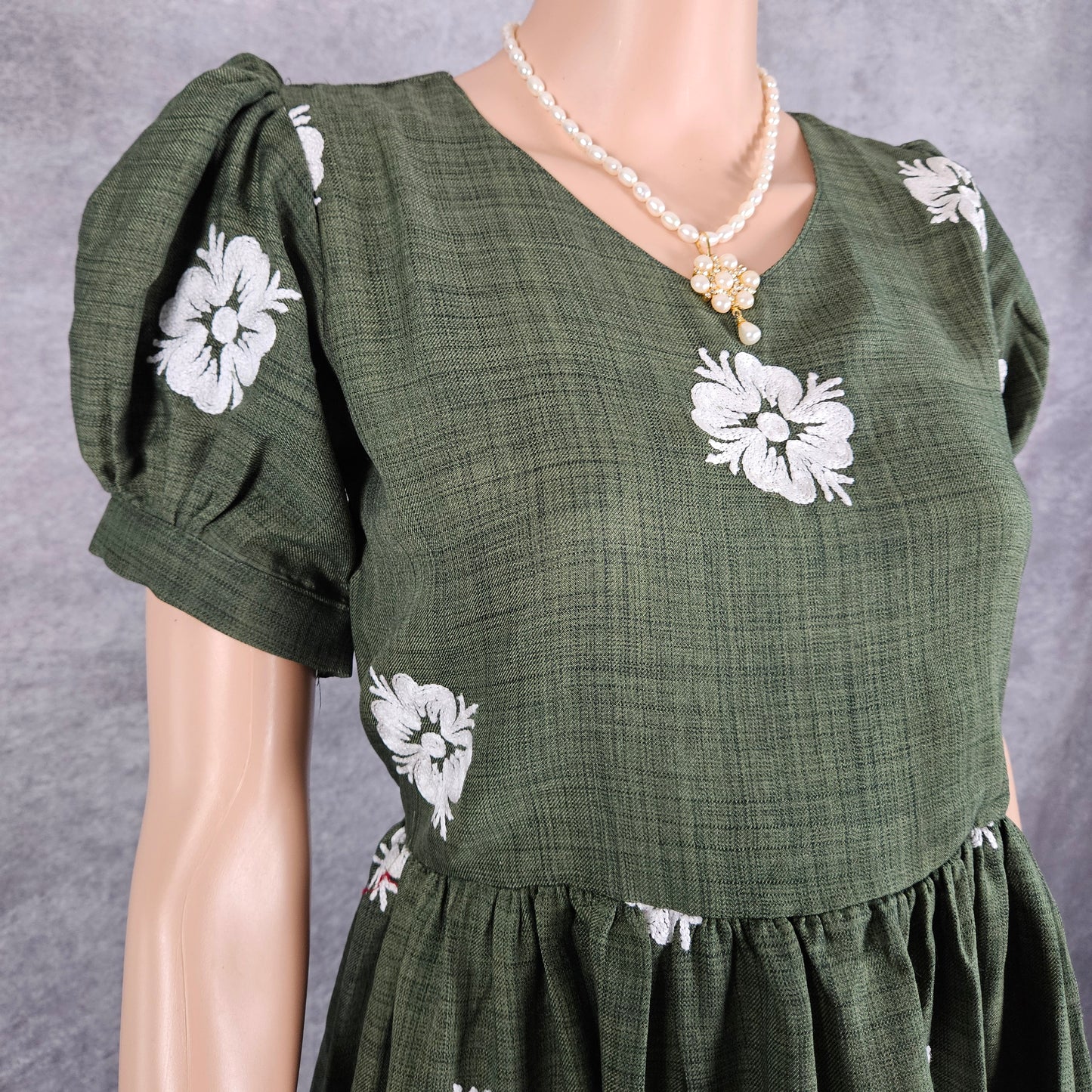 Jade Green Linen Embroidery Frock