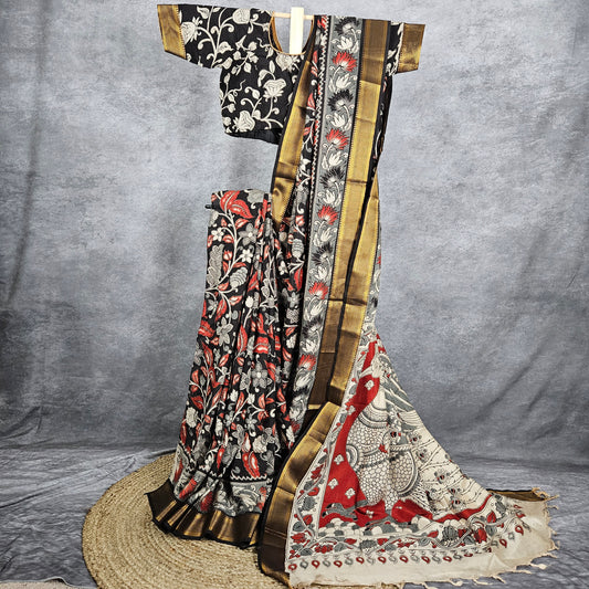 Metallic Golden Black Kalamkari Silk Saree