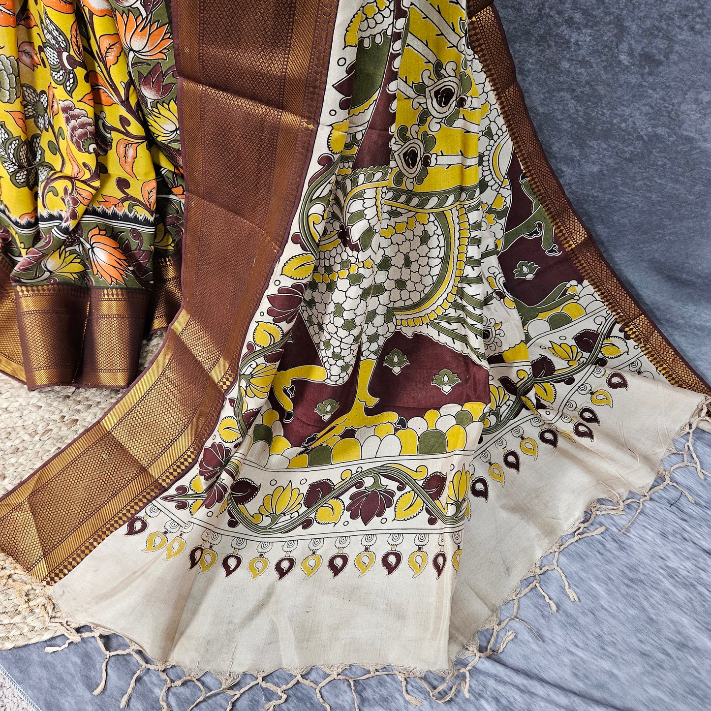 Citrine Yellow Kalamkari Silk Saree