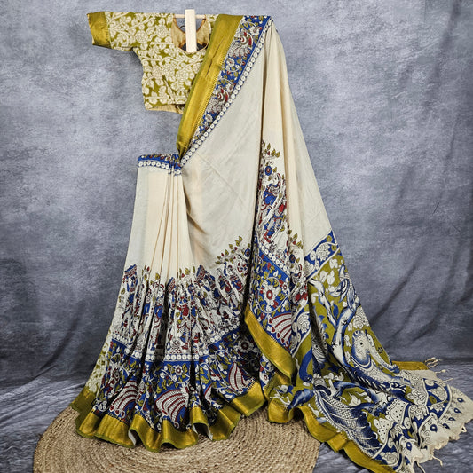 Bright Cream Chennur Kalamkari Silk Saree