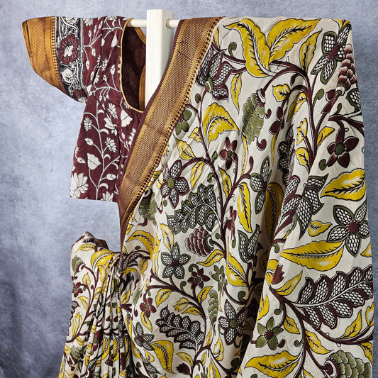 Frosted Fern Green Kalamkari Silk Saree