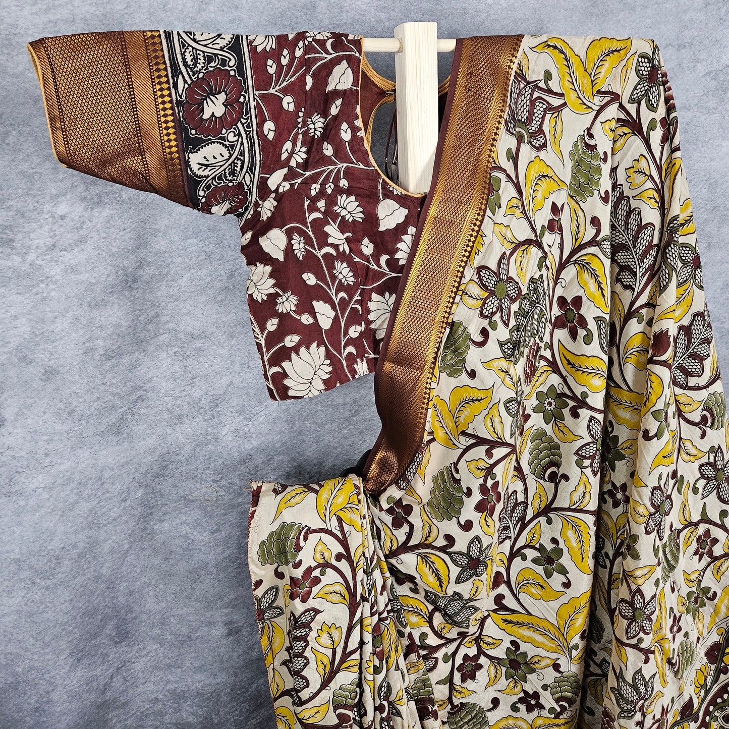 Frosted Fern Green Kalamkari Silk Saree