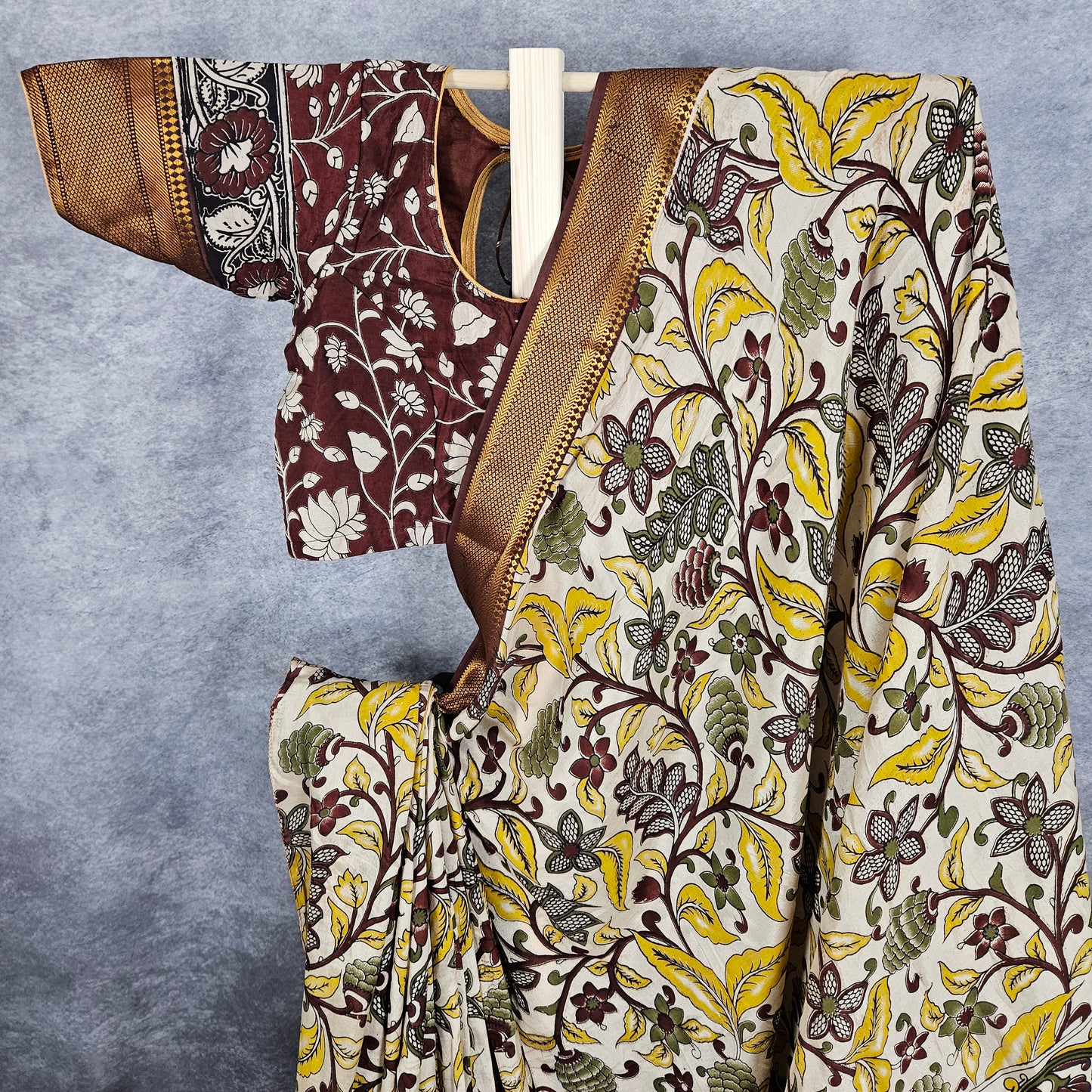 Frosted Fern Green Kalamkari Silk Saree