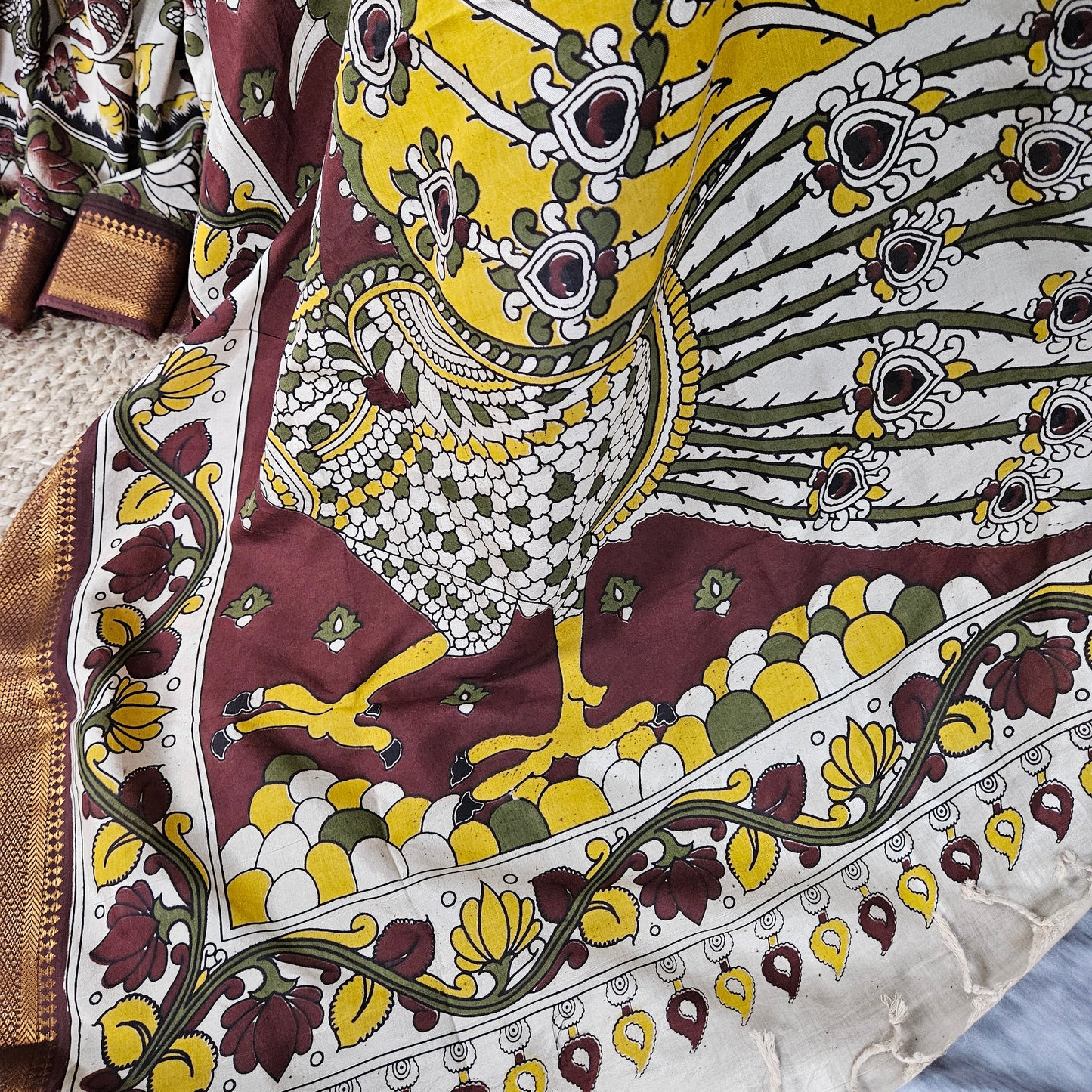 Frosted Fern Green Kalamkari Silk Saree