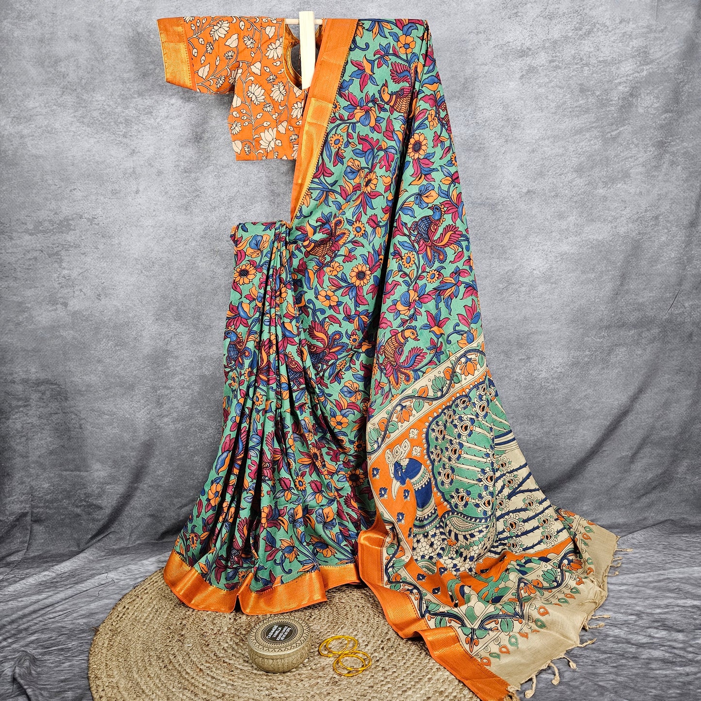 Rust Orange/Hunter Green Kalamkari Silk Saree