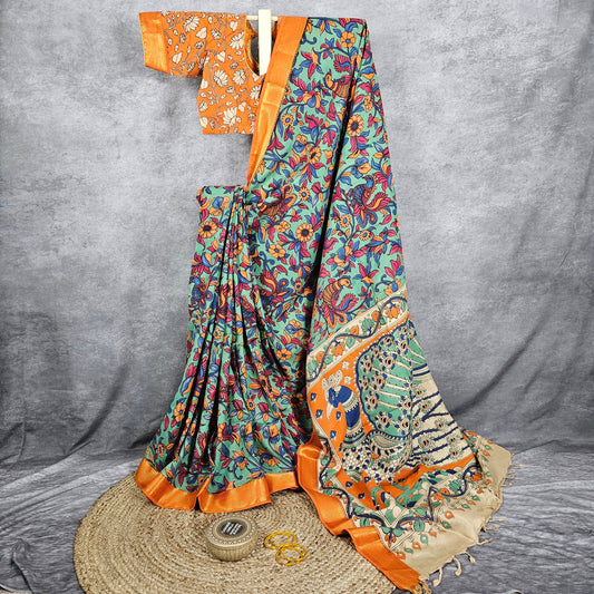 Rust Orange/Hunter Green Kalamkari Silk Saree