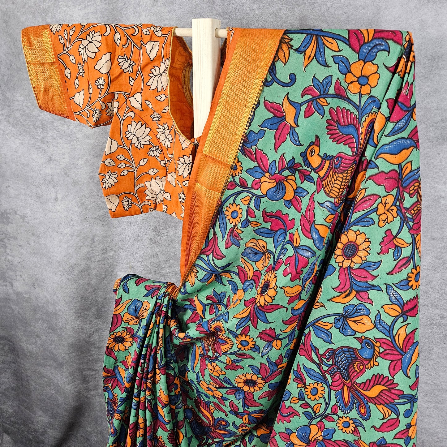 Rust Orange/Hunter Green Kalamkari Silk Saree