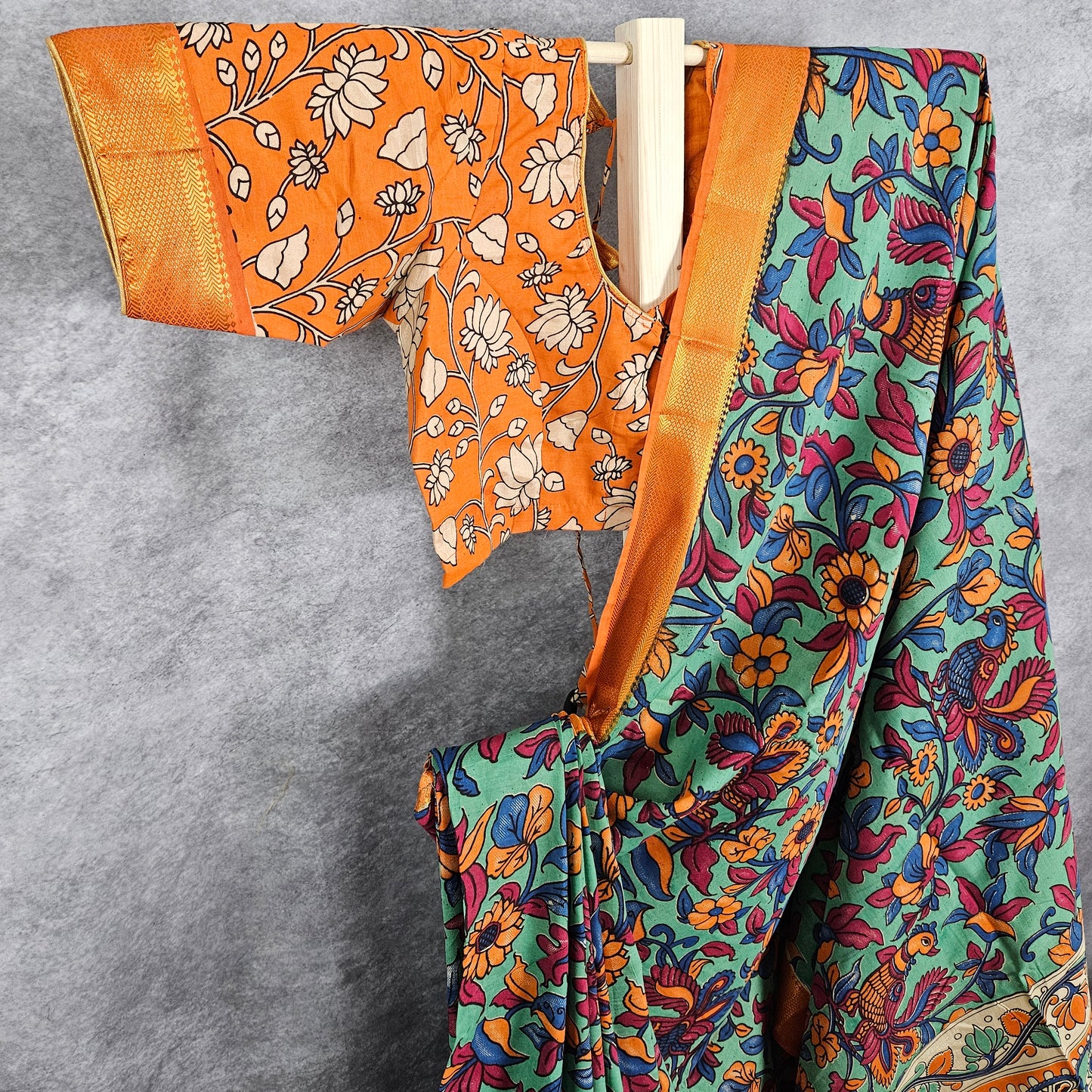 Rust Orange/Hunter Green Kalamkari Silk Saree