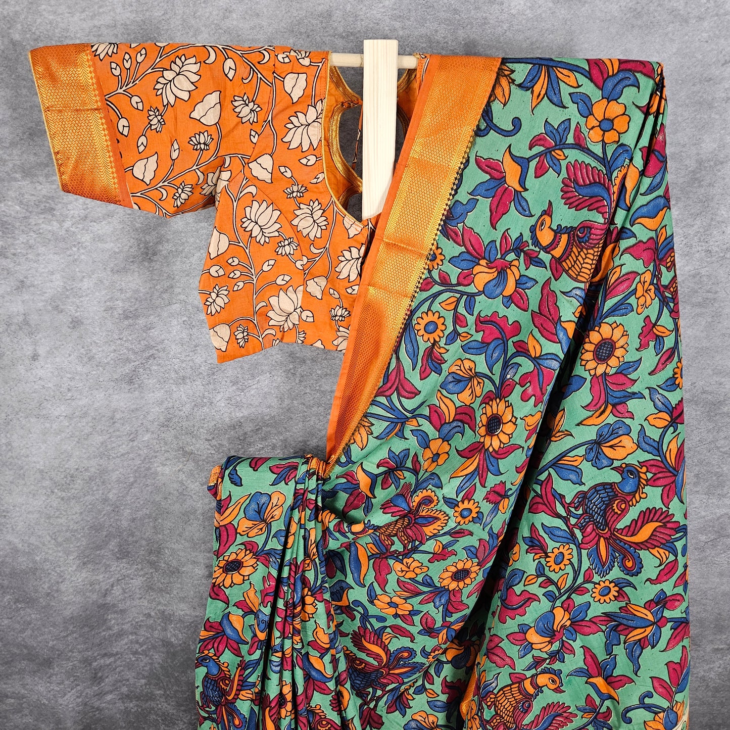 Rust Orange/Hunter Green Kalamkari Silk Saree