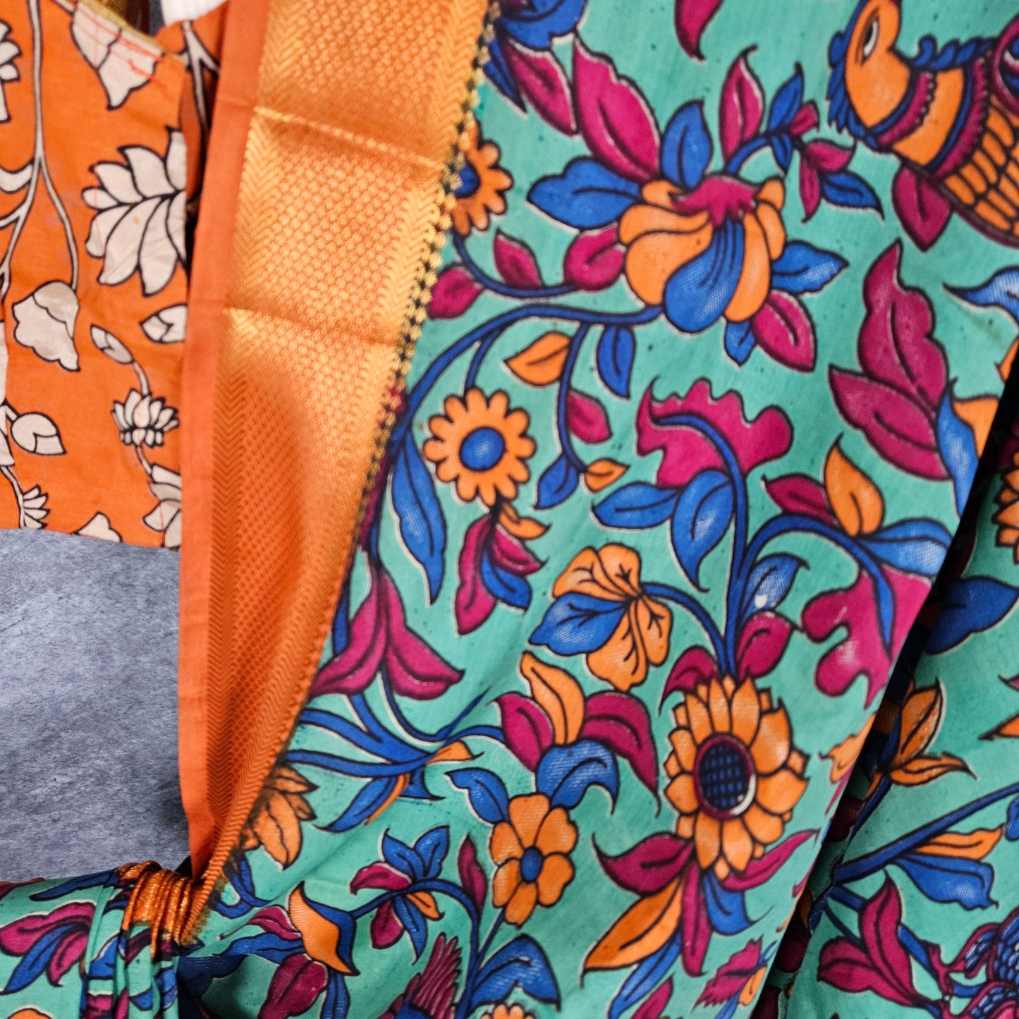 Rust Orange/Hunter Green Kalamkari Silk Saree