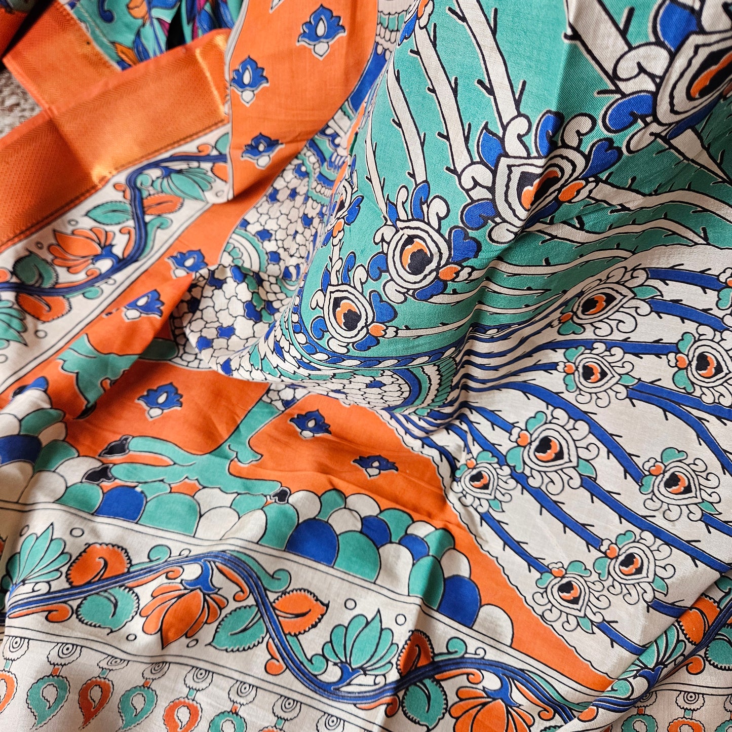 Rust Orange/Hunter Green Kalamkari Silk Saree
