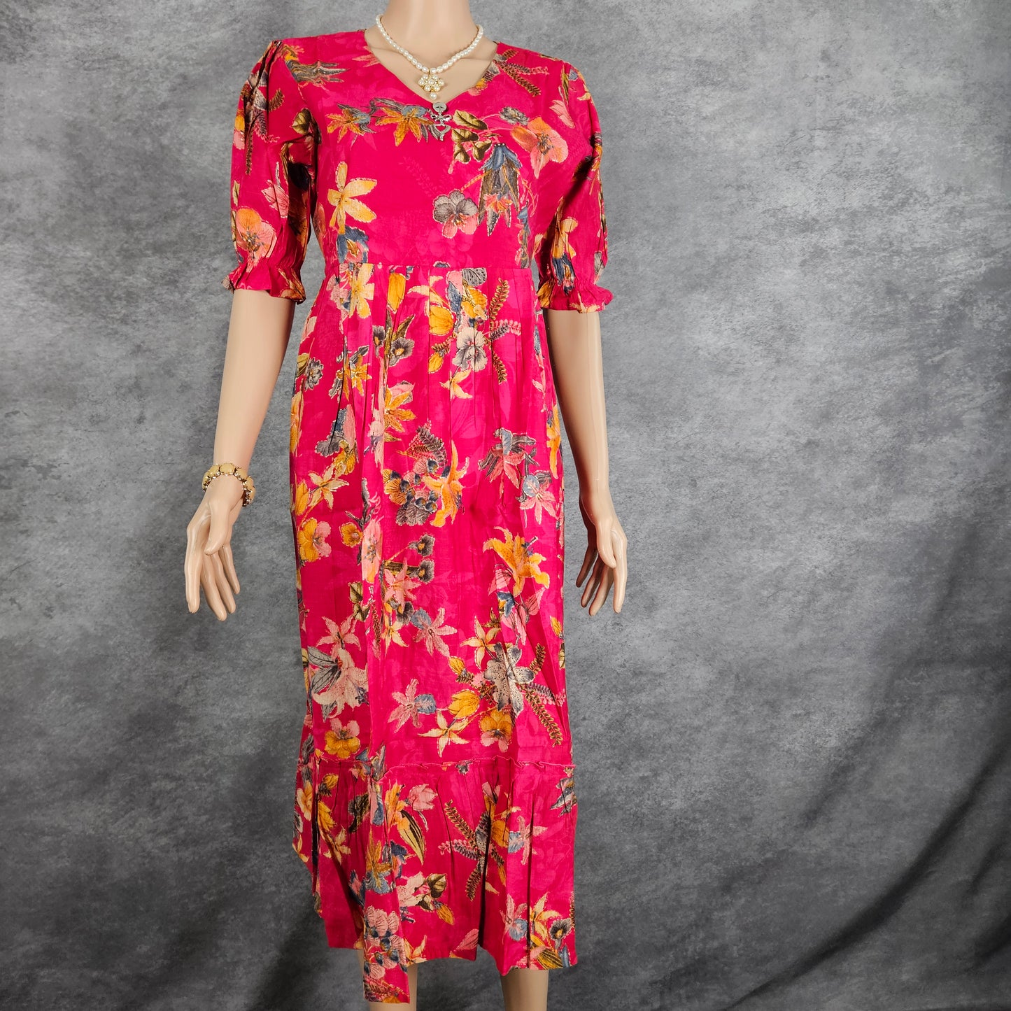 Dark Pink Multi Color Floral Vertican Frock