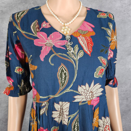 Dark Blue Multi Color Floral Vertican Frock