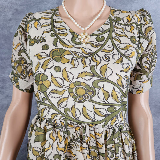 Cream Olive Green Cotton Frock