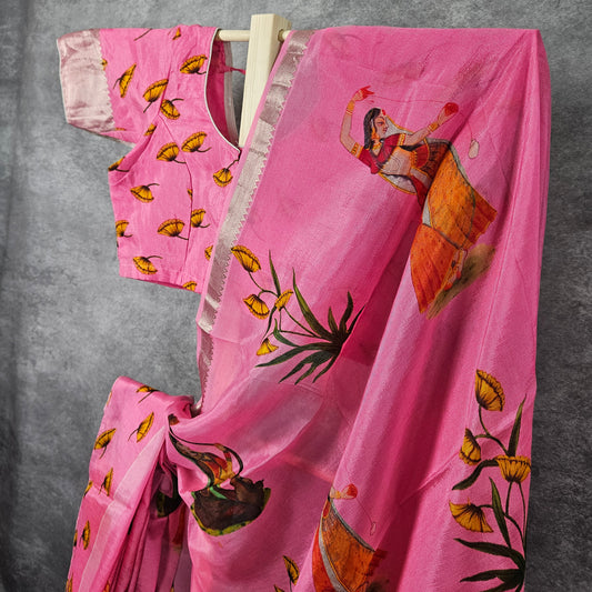 Carnation Pink Mangalagiri Saree
