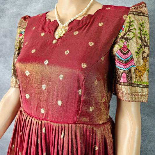 Maroon Red Paithani Frock