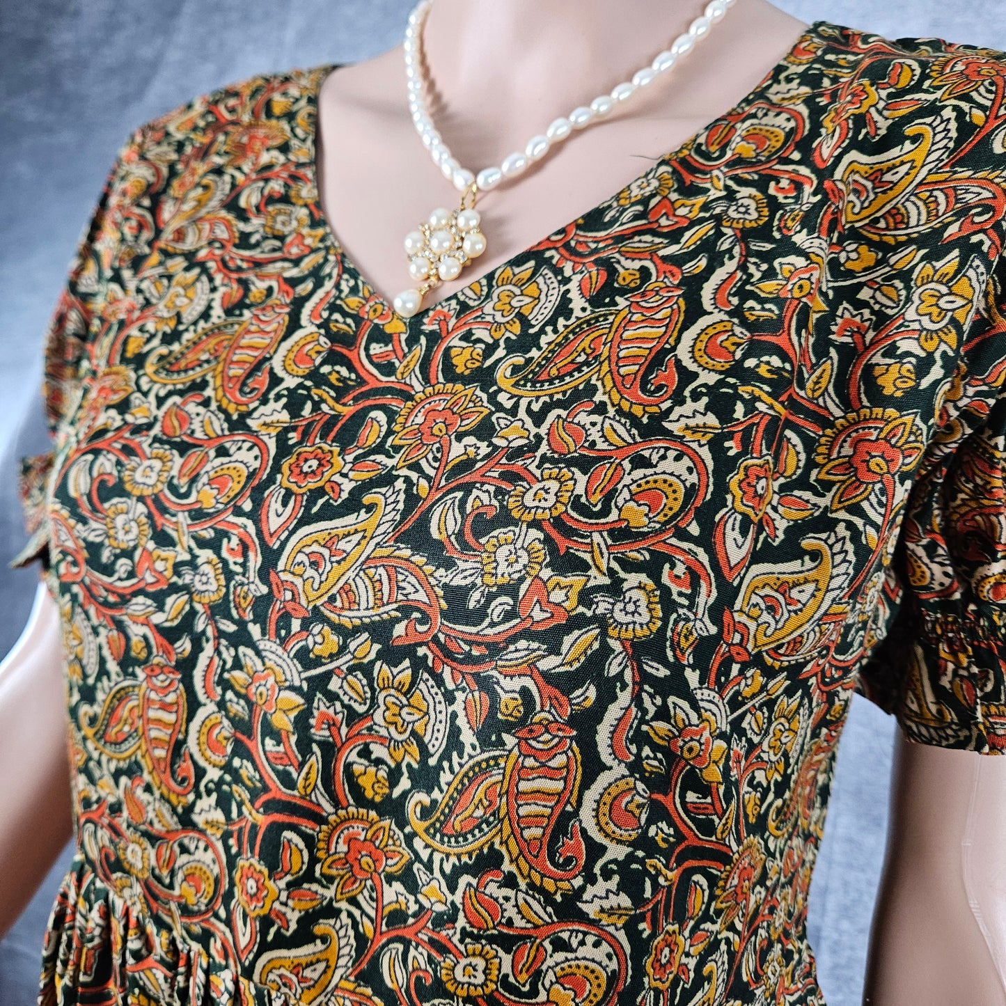 Seaweed Green-Orange Ajrakh Block Frock