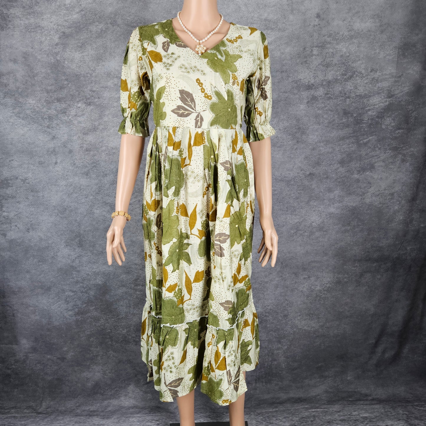 Cream Vertican / Green Floral Frock