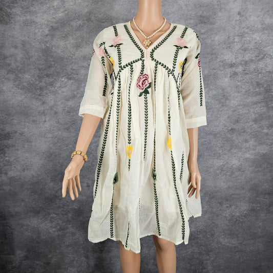 White Dove Green Embroidery Frock