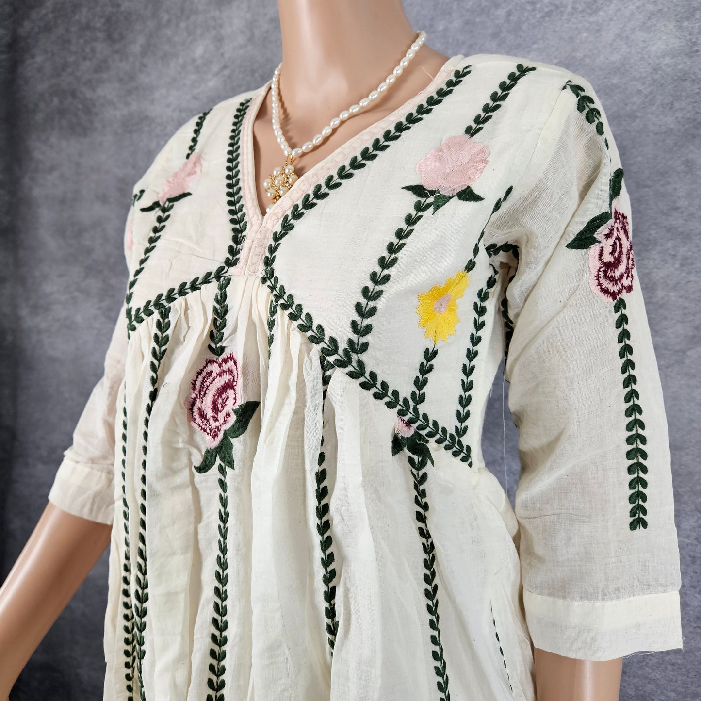 White Dove Green Embroidery Frock