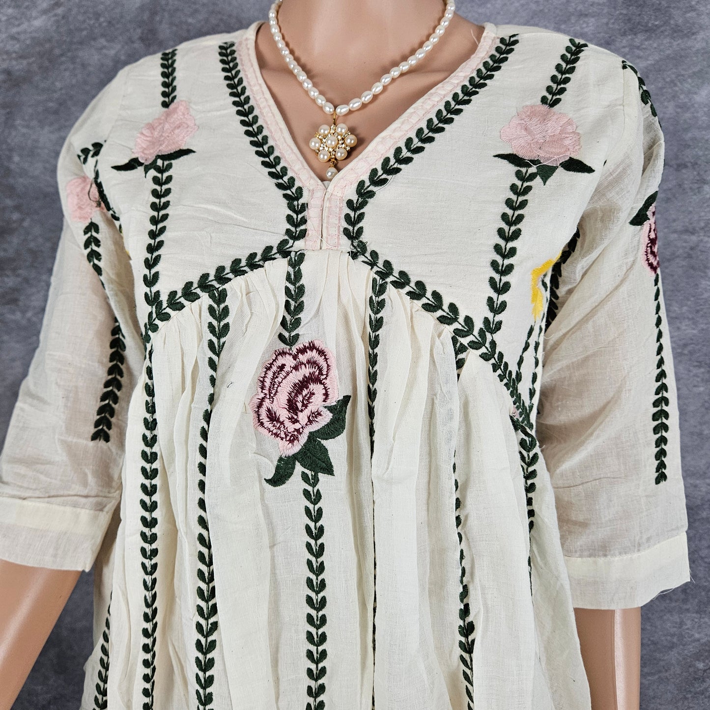 White Dove Green Embroidery Frock