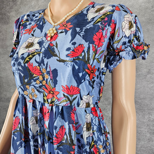 Pulse Blue Satin Floral Frock