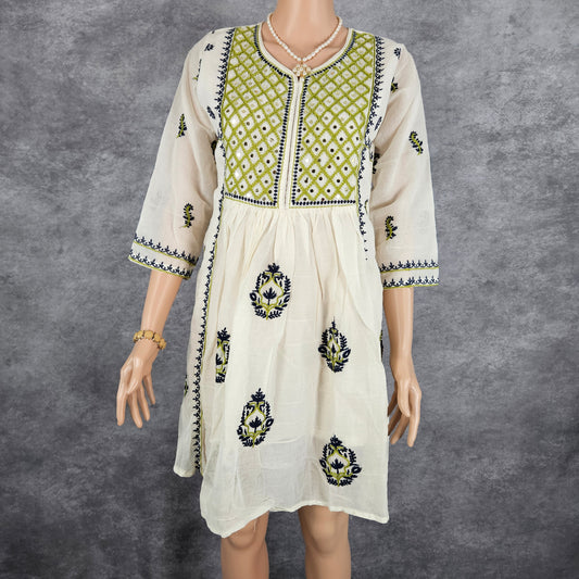 Dagger White Green Embroidery Frock
