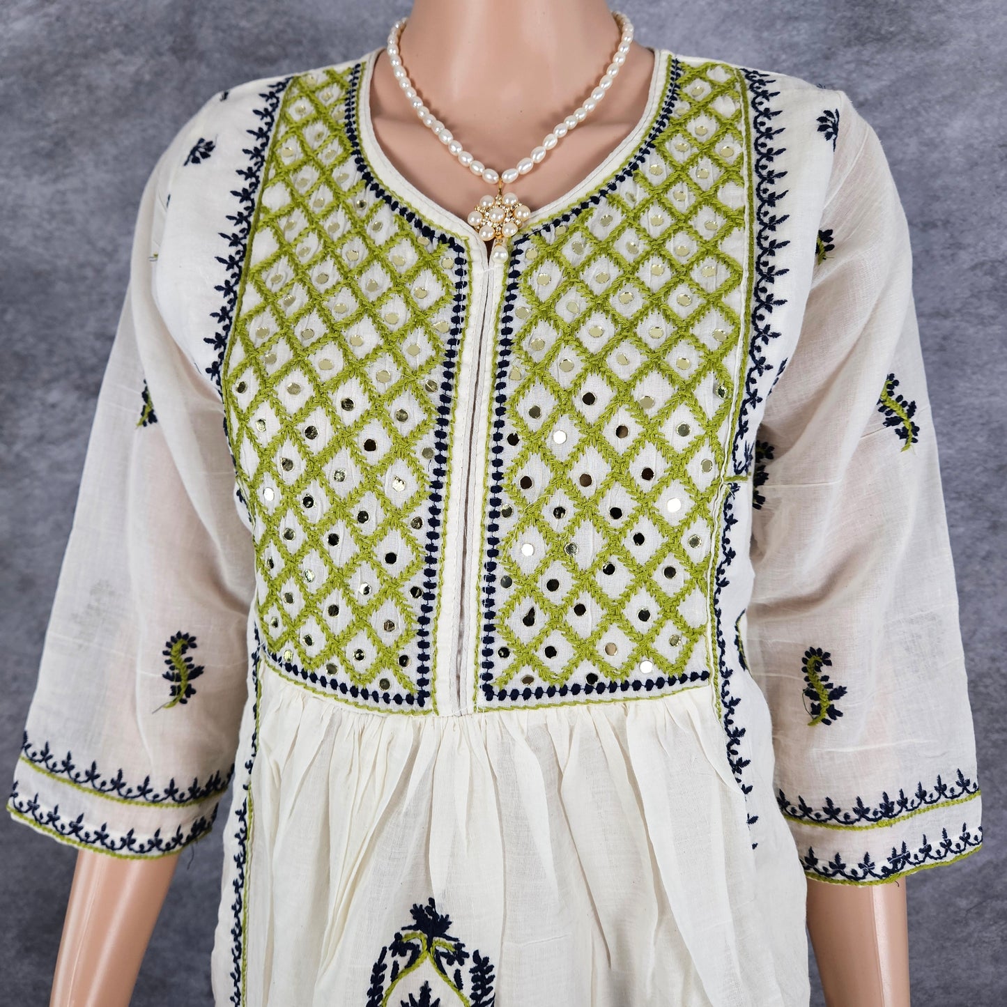 Dagger White Green Embroidery Frock