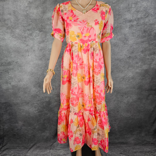 Peach Floral Kota Frock