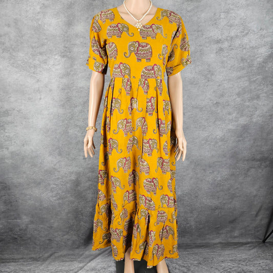 Mustard Yellow Elephant Kalamkari Frock