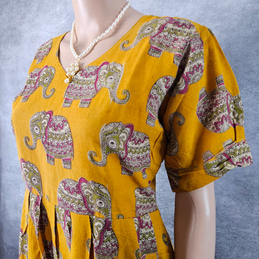 Mustard Yellow Elephant Kalamkari Frock