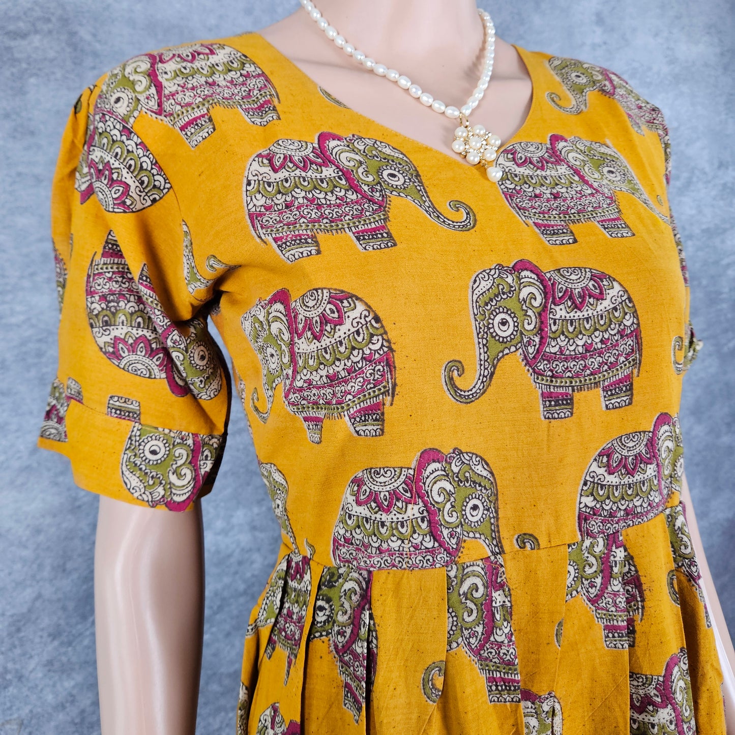Mustard Yellow Elephant Kalamkari Frock